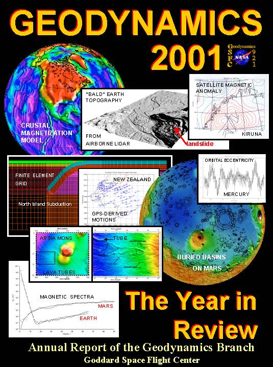 Geodynamics annual report graphics showing pannels of various images and figures of research highlights from the year 2001