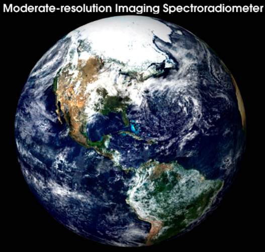 Moderate-resolution Imaging Spectroradiometer image of the Earth showing the entire globe