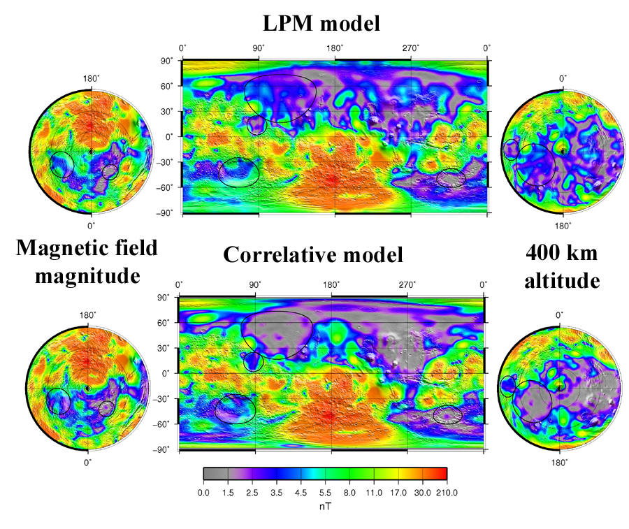 Comparison of correlativemodel (bottom) with LPM model (top), with location of largest impact basins superimposed.