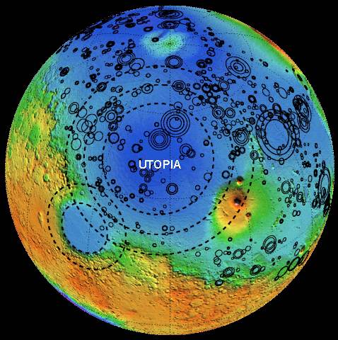 MOLA topographic globe of Mars showing buried impact basins