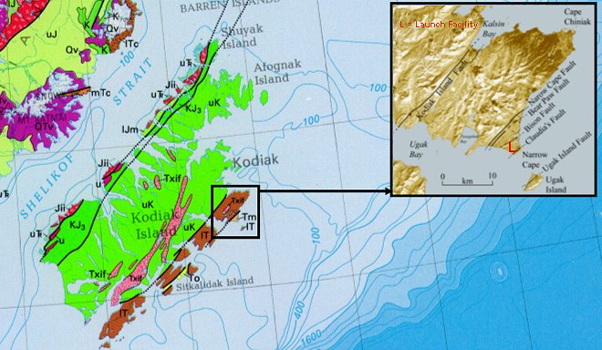 Geologic map of Kodiak island with inset to show location of Launch Facility.