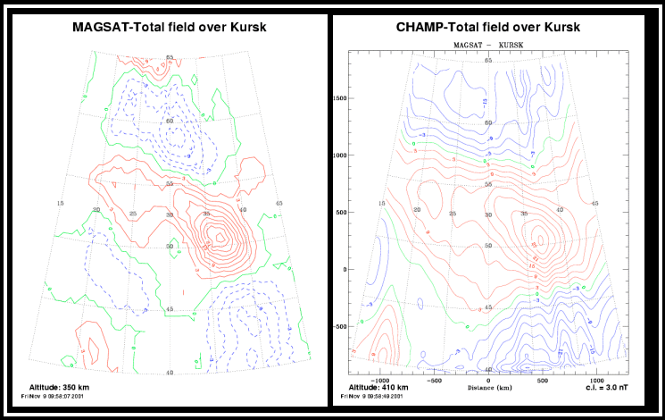 Contour plots of total field over Kursk from MAGSAT and CHAMP