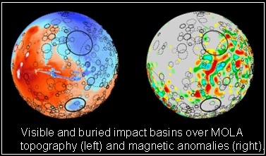 Image of visible and 
buried impact basins over MOLA topography and magnetic anomalies