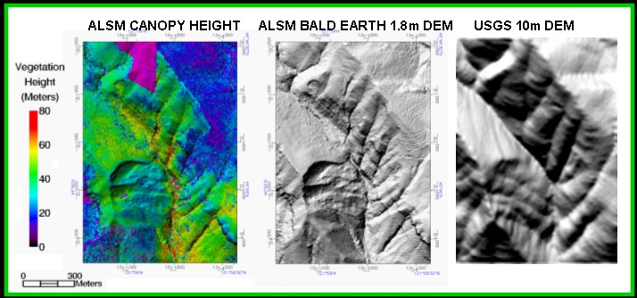 Enlarged area images of Canopy Height, Bald Earth, and USGS DEM