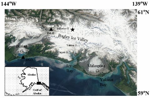 Map showing location of the Bagley glacier and the Malaspina glacier in southeaster Alaska