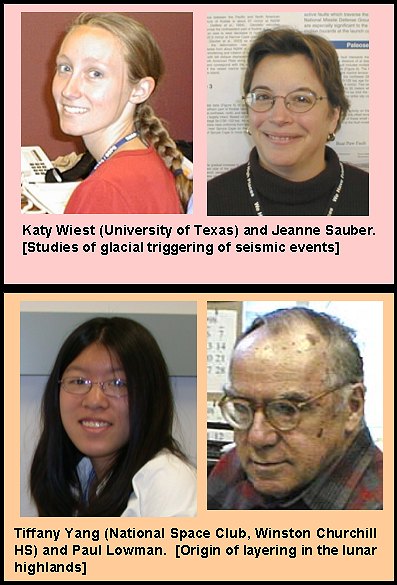 Katy Wiest (University of Texas) and Jeanne Sauber. [Studies of glacial triggering of seismic events].

Tiffany Yang (National Space Club, Winston Churchill HS) and Paul Lowman.  [Origin of layering in the lunar highlands].