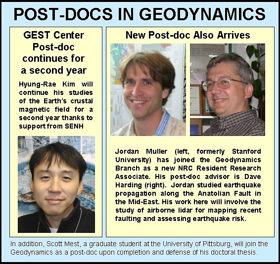 GEST Center Post-doc continues for a second year.

Hyung-Rae Kim will continue his studies of the Earths crustal magnetic field for a second year thanks to support from SENH.

Jordan Muller (left, formerly Stanford University) has joined the Geodynamics Branch as a new NRC Resident Research Associate. His post-doc advisor is Dave Harding (right).  Jordan studied earthquake propagation along the Anatolian Fault in the Mid-East. His work here will involve the study of airborne lidar for mapping recent faulting and assessing earthquake risk.

In addition, Scott Mest, a graduate student at the University of Pittsburg, will join the Geodynamics as a post-doc upon completion and defense of his doctoral thesis.
