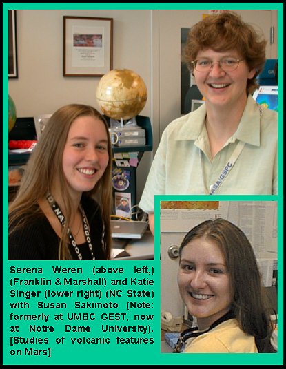 Serena Weren (above left,) (Franklin & Marshall) and Katie Singer (lower right) (NC State)  with Susan Sakimoto (Note: formerly at UMBC GEST, now at Notre Dame University). [Studies of volcanic features on Mars]
