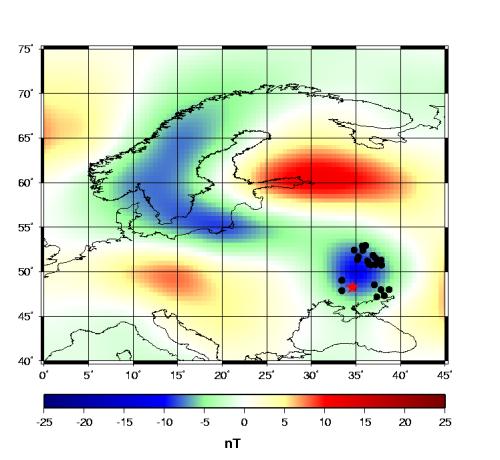 Kursk Magnetic Anomaly and location of iron quartzites (black circles)