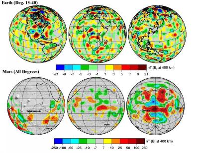 Magnetic Maps of Earth and Mars (alt=400 km)